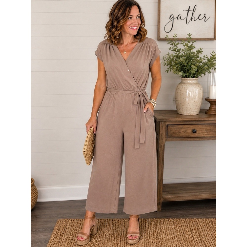 Gilli XL Petite Jumpsuit Taupe Wrap V Neck Belted Wide Leg Cropped Pockets